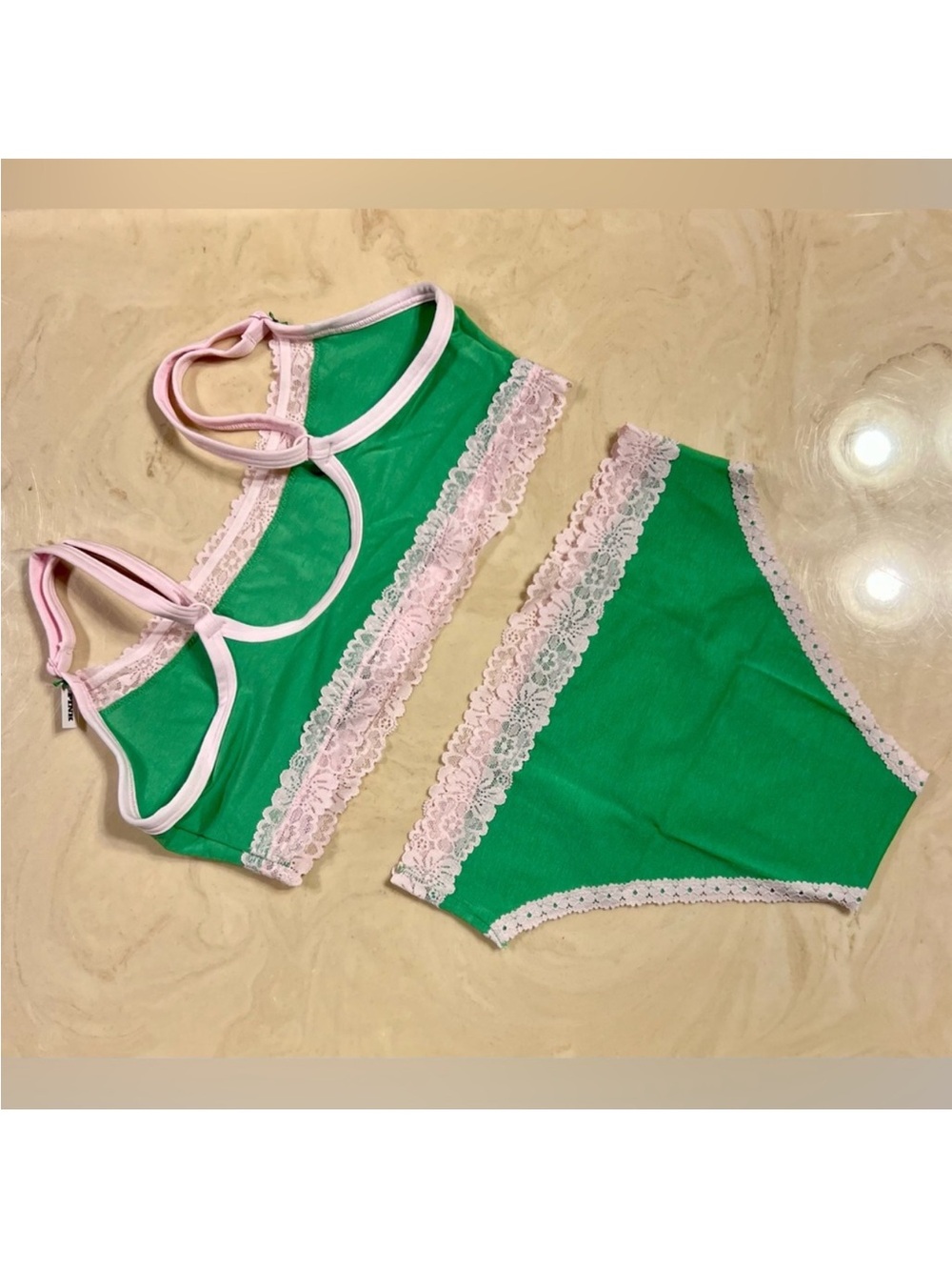 🍀VS PINK Cotton Lace Trim Scoop Bralette & Cheeky Panty Wild Green GOOD LUCK L - Picture 10 of 15